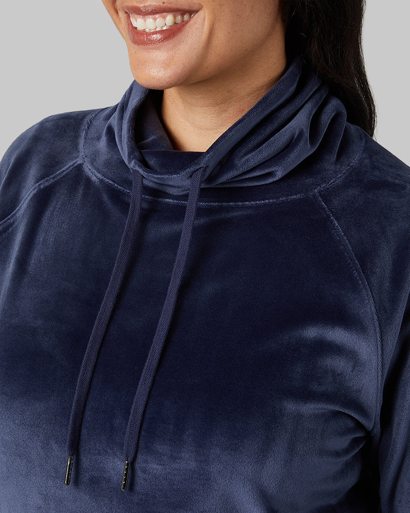 32 Degrees Night Navy _ Women's soft Velour Funnel Neck Top {model: Amanda is 5'8"and size 14 wearing size L}{bottom}{right} {bottom}{right}
