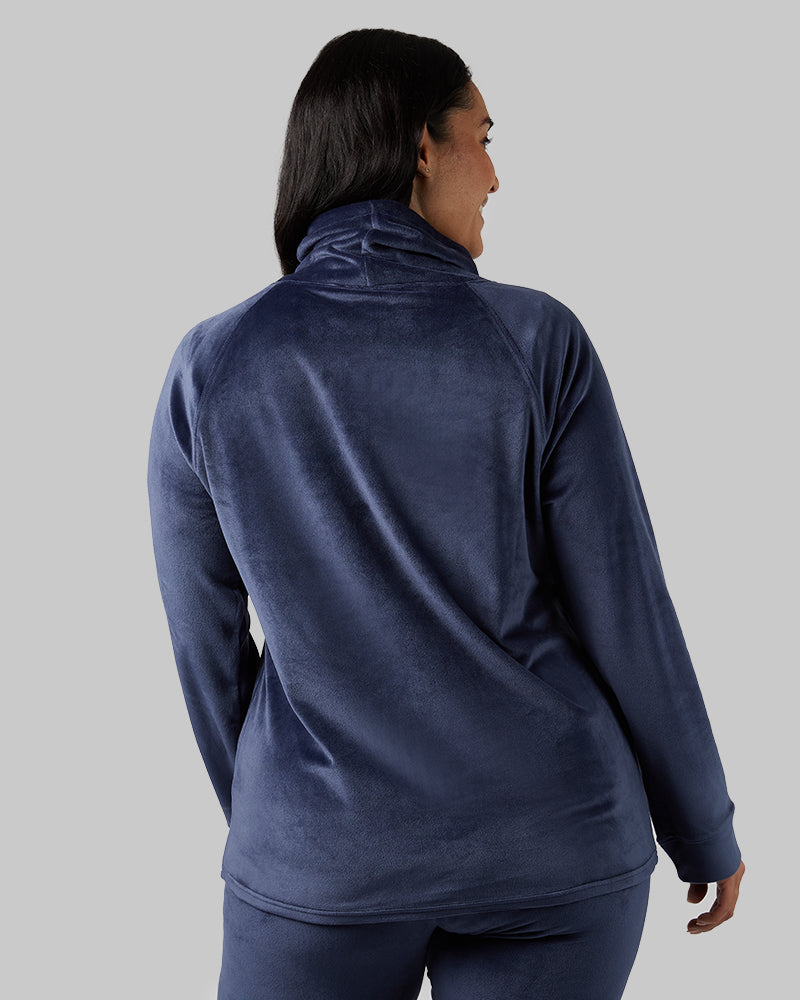 32 Degrees Night Navy _ Women's soft Velour Funnel Neck Top {model: Amanda is 5'8"and size 14 wearing size L}{bottom}{right} {bottom}{right}