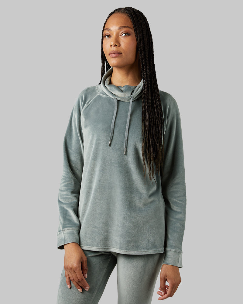 32 Degrees Space Green Grey _ Women's soft Velour Funnel Neck Top {model: Dido is 5'9"and size 4 wearing size S}{bottom}{right} {bottom}{right}