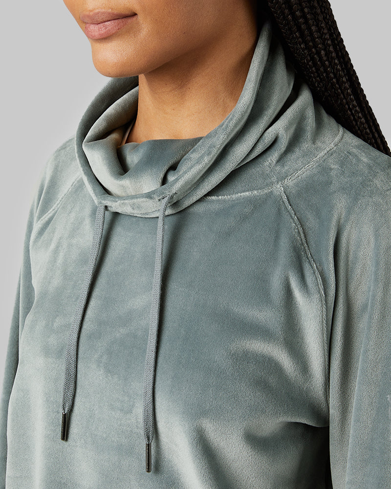 32 Degrees Space Green Grey _ Women's soft Velour Funnel Neck Top {model: Dido is 5'9"and size 4 wearing size S}{bottom}{right} {bottom}{right}