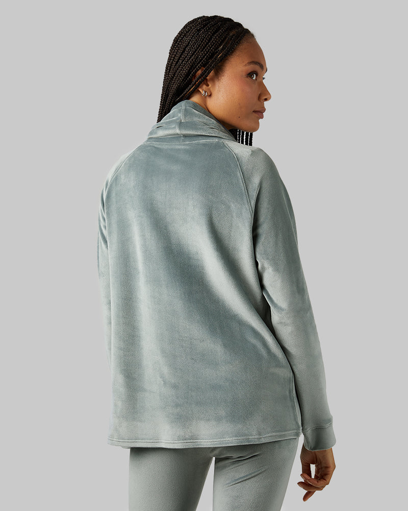 32 Degrees Space Green Grey _ Women's soft Velour Funnel Neck Top {model: Dido is 5'9"and size 4 wearing size S}{bottom}{right} {bottom}{right}