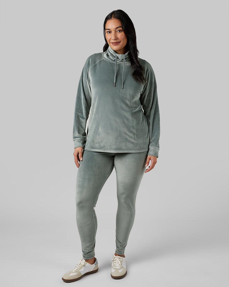 32 Degrees Space Green Grey _ Women's soft Velour Funnel Neck Top {model: Amanda is 5'8"and size 14 wearing size L}{bottom}{right} {bottom}{right}