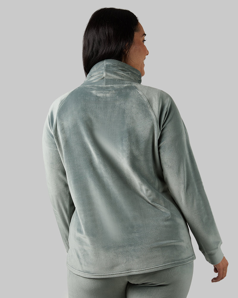 32 Degrees Space Green Grey _ Women's soft Velour Funnel Neck Top {model: Amanda is 5'8"and size 14 wearing size L}{bottom}{right} {bottom}{right}