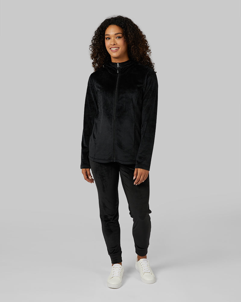 32 Degrees Black _ Women's soft Velour Hooded Full-Zip {model: Alexis is 5'6"and size 4-6 wearing size S}{bottom}{right} {bottom}{right}