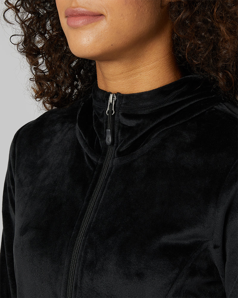 32 Degrees Black _ Women's soft Velour Hooded Full-Zip {model: Alexis is 5'6"and size 4-6 wearing size S}{bottom}{right} {bottom}{right}