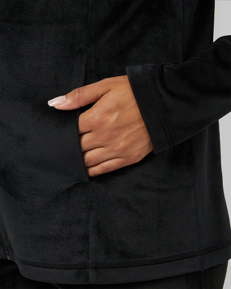 32 Degrees Black _ Women's soft Velour Hooded Full-Zip {model: Alexis is 5'6"and size 4-6 wearing size S}{bottom}{right} {bottom}{right}