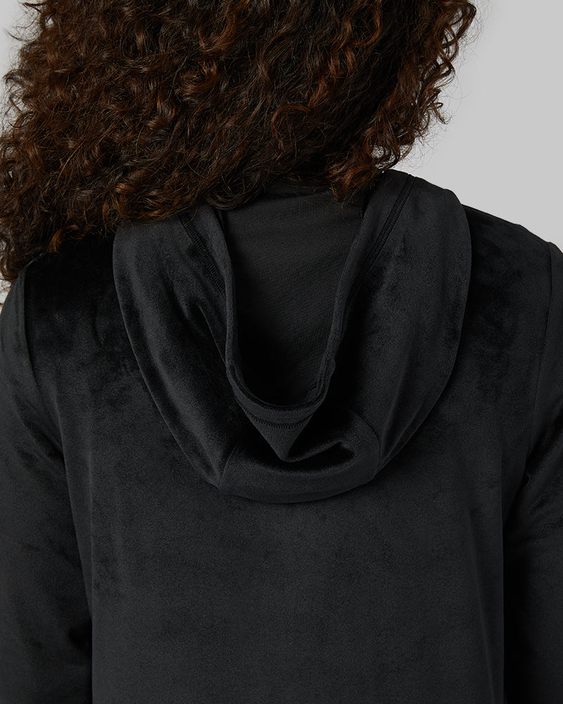 32 Degrees Black _ Women's soft Velour Hooded Full-Zip {model: Alexis is 5'6"and size 4-6 wearing size S}{bottom}{right} {bottom}{right}