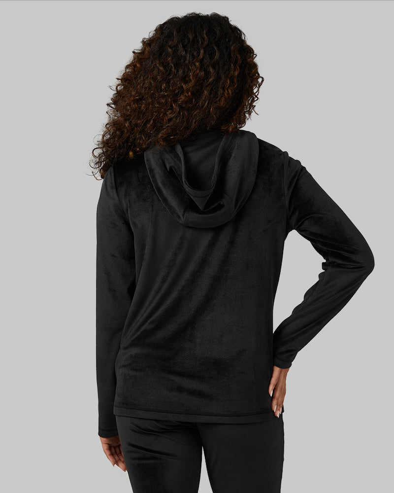 32 Degrees Black _ Women's soft Velour Hooded Full-Zip {model: Alexis is 5'6"and size 4-6 wearing size S}{bottom}{right} {bottom}{right}