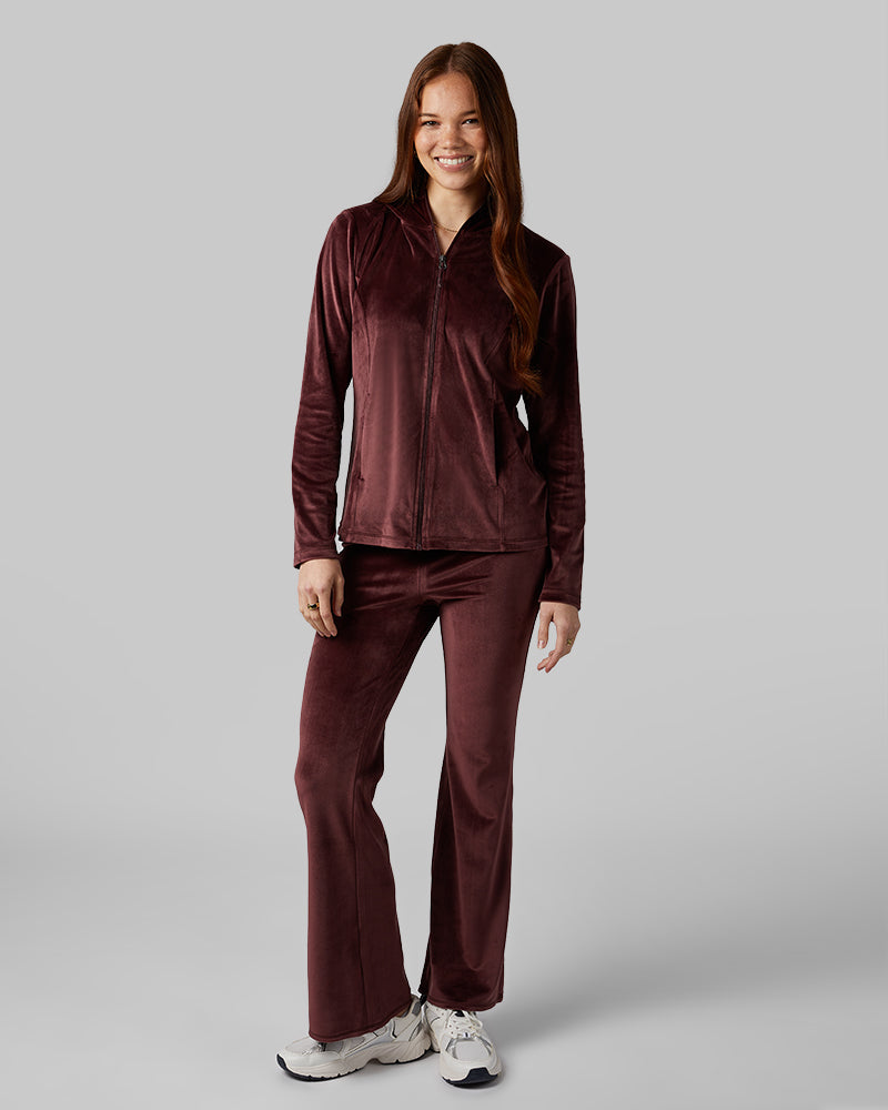 32 Degrees Decadent Chocolate _ Women's soft Velour Hooded Full-Zip {model: Kristen is 5'7"and size 14 wearing size L}{bottom}{right} {bottom}{right}