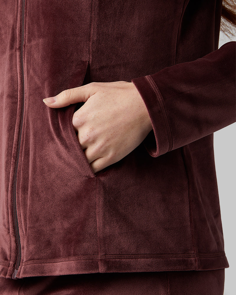 32 Degrees Decadent Chocolate _ Women's soft Velour Hooded Full-Zip {model: Kristen is 5'7"and size 14 wearing size L}{bottom}{right} {bottom}{right}