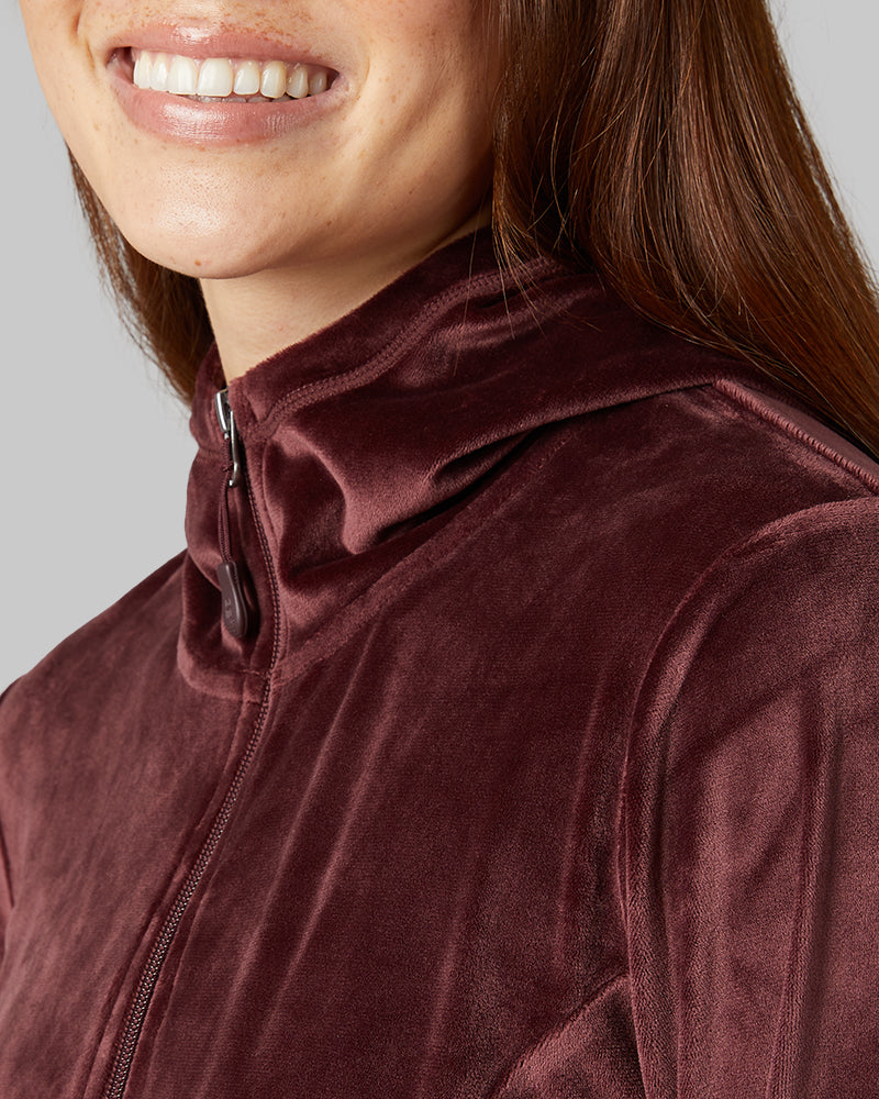 32 Degrees Decadent Chocolate _ Women's soft Velour Hooded Full-Zip {model: Kristen is 5'7"and size 14 wearing size L}{bottom}{right} {bottom}{right}