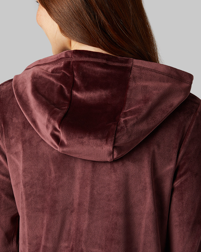 32 Degrees Decadent Chocolate _ Women's soft Velour Hooded Full-Zip {model: Kristen is 5'7"and size 14 wearing size L}{bottom}{right} {bottom}{right}