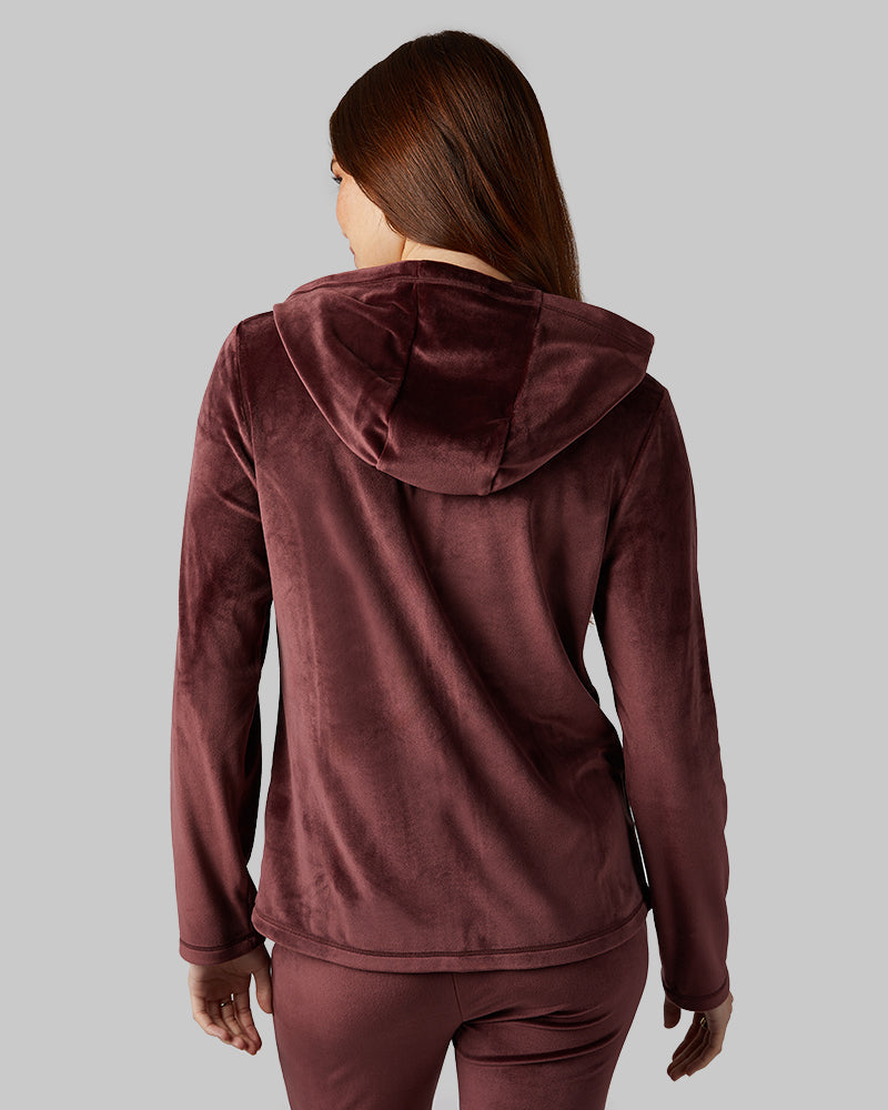 32 Degrees Decadent Chocolate _ Women's soft Velour Hooded Full-Zip {model: Kristen is 5'7"and size 14 wearing size L}{bottom}{right} {bottom}{right}