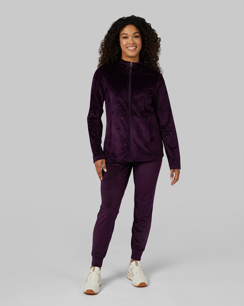 32 Degrees Irises _ Women's soft Velour Hooded Full-Zip {model: Alexis is 5'6"and size 4-6 wearing size S}{bottom}{right} {bottom}{right}