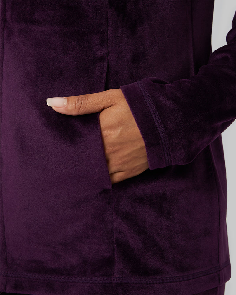 32 Degrees Irises _ Women's soft Velour Hooded Full-Zip {model: Alexis is 5'6"and size 4-6 wearing size S}{bottom}{right} {bottom}{right}