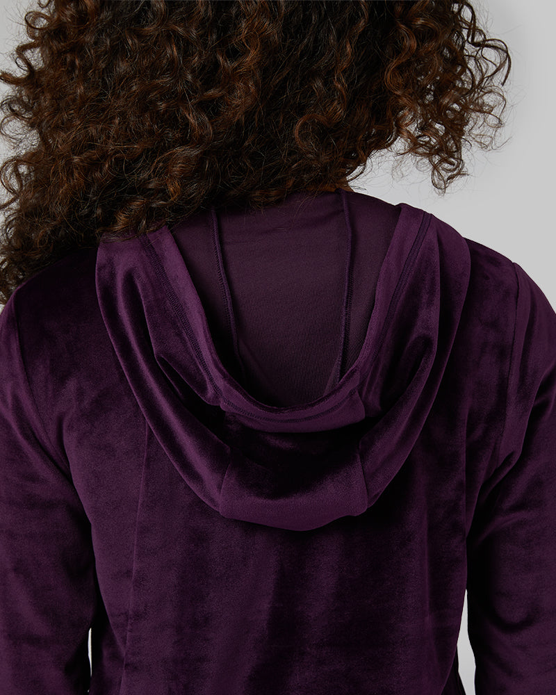 32 Degrees Irises _ Women's soft Velour Hooded Full-Zip {model: Alexis is 5'6"and size 4-6 wearing size S}{bottom}{right} {bottom}{right}