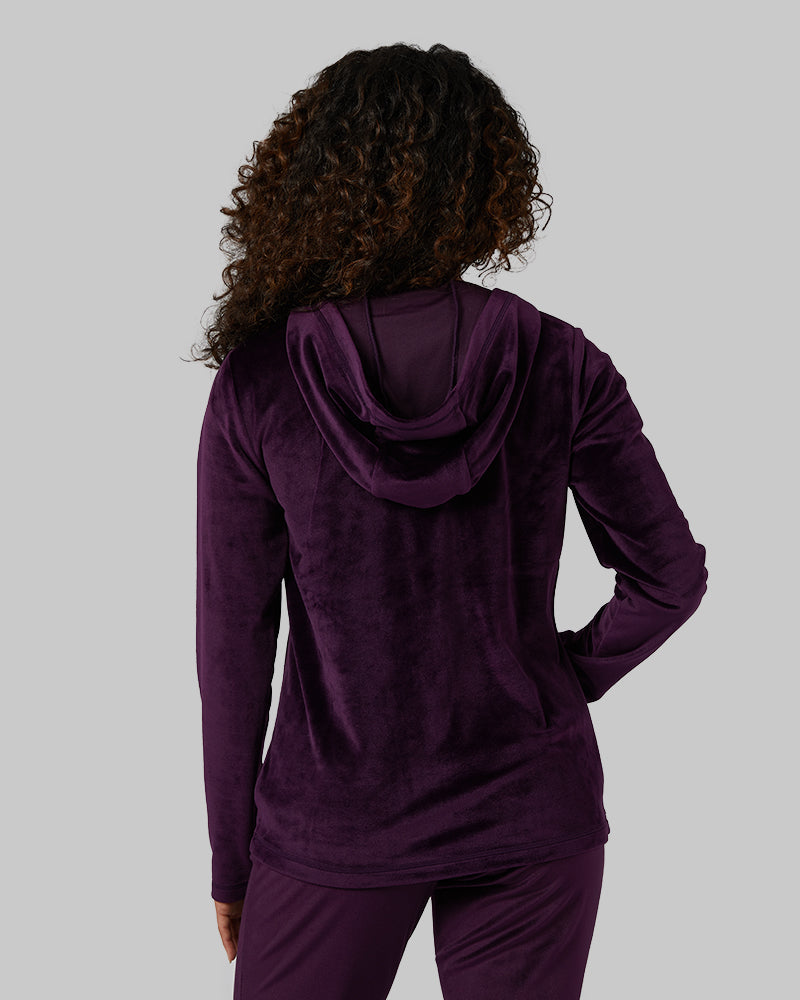 32 Degrees Irises _ Women's soft Velour Hooded Full-Zip {model: Alexis is 5'6"and size 4-6 wearing size S}{bottom}{right} {bottom}{right}