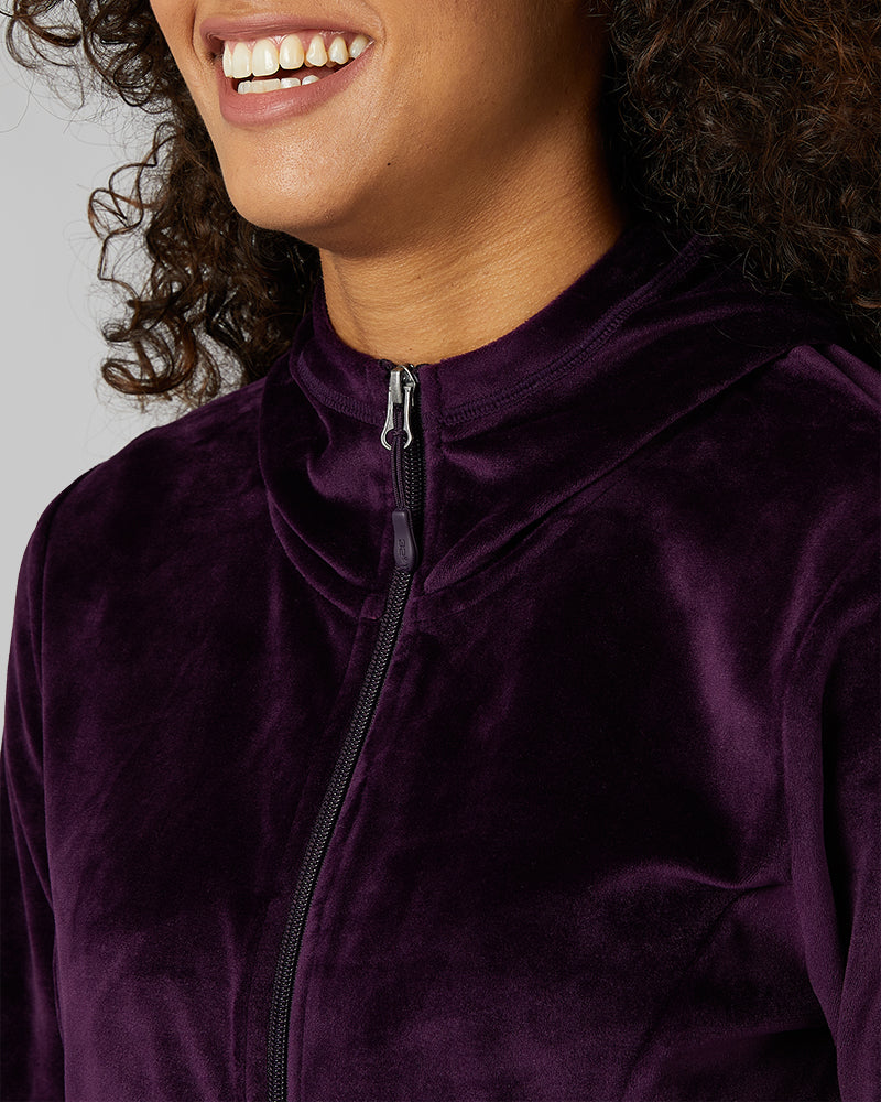 32 Degrees Irises _ Women's soft Velour Hooded Full-Zip {model: Alexis is 5'6"and size 4-6 wearing size S}{bottom}{right} {bottom}{right}