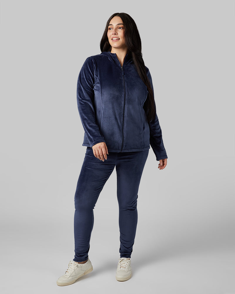 32 Degrees Night Navy _ Women's soft Velour Hooded Full-Zip {model: Kristen is 5'7"and size 14 wearing size L}{bottom}{right} {bottom}{right}