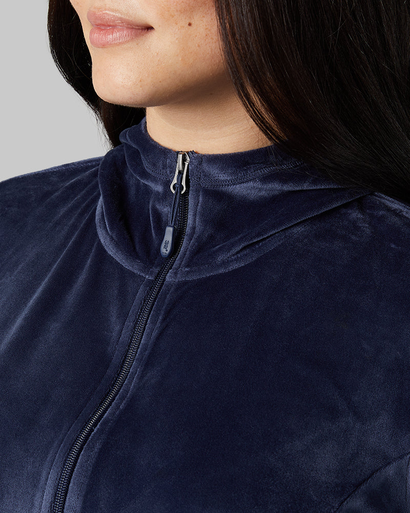 32 Degrees Night Navy _ Women's soft Velour Hooded Full-Zip {model: Kristen is 5'7"and size 14 wearing size L}{bottom}{right} {bottom}{right}