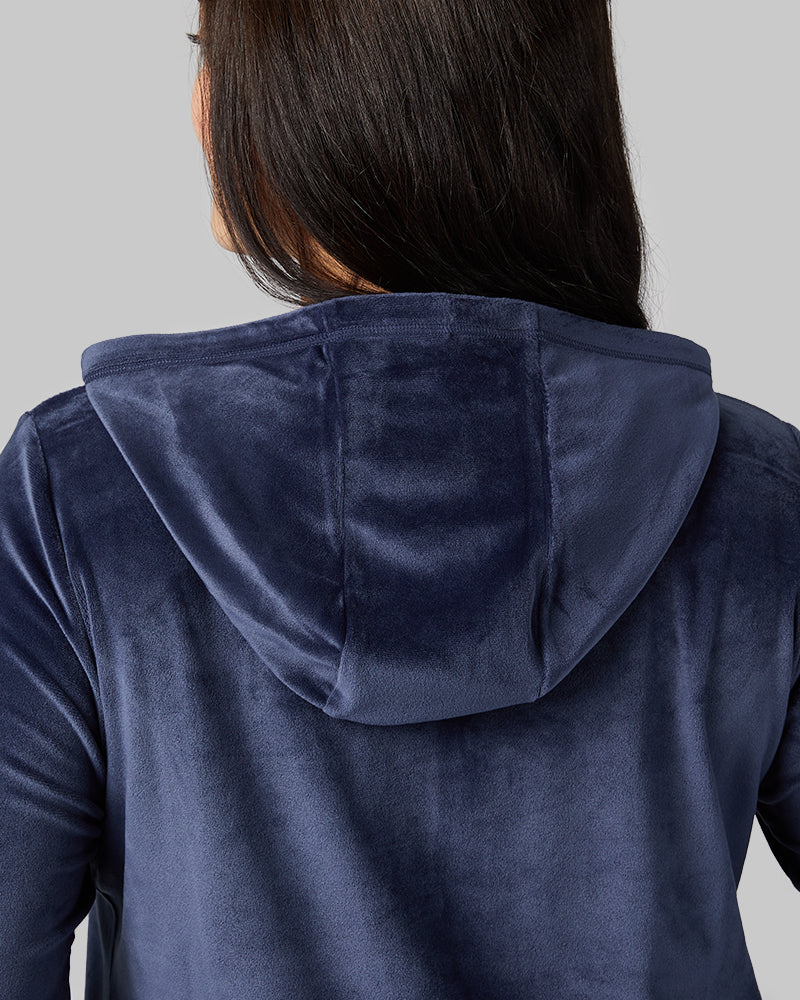 32 Degrees Night Navy _ Women's soft Velour Hooded Full-Zip {model: Kristen is 5'7"and size 14 wearing size L}{bottom}{right} {bottom}{right}