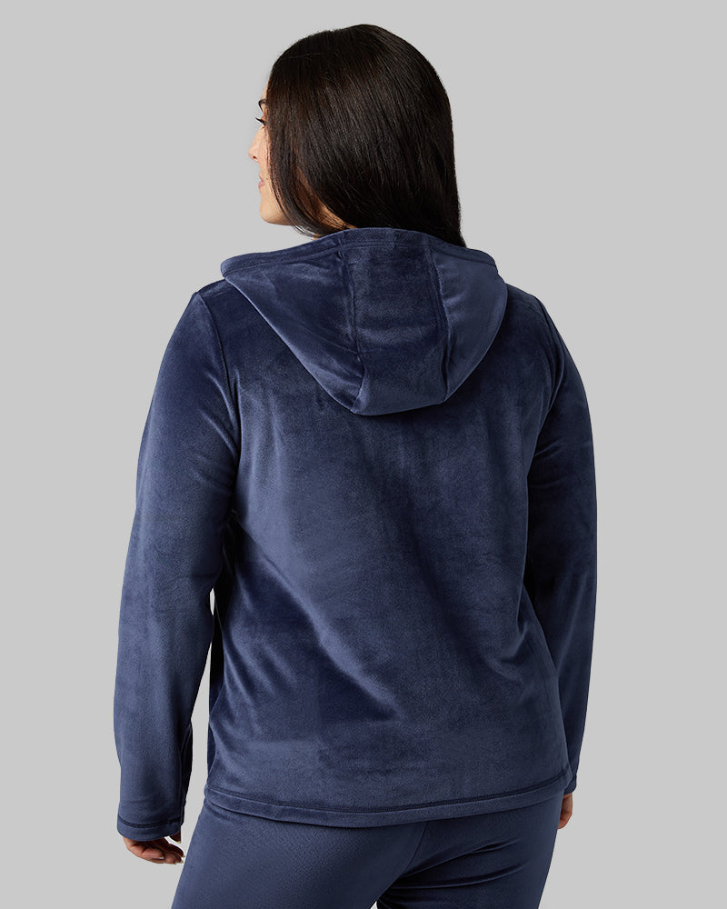 32 Degrees Night Navy _ Women's soft Velour Hooded Full-Zip {model: Kristen is 5'7"and size 14 wearing size L}{bottom}{right} {bottom}{right}