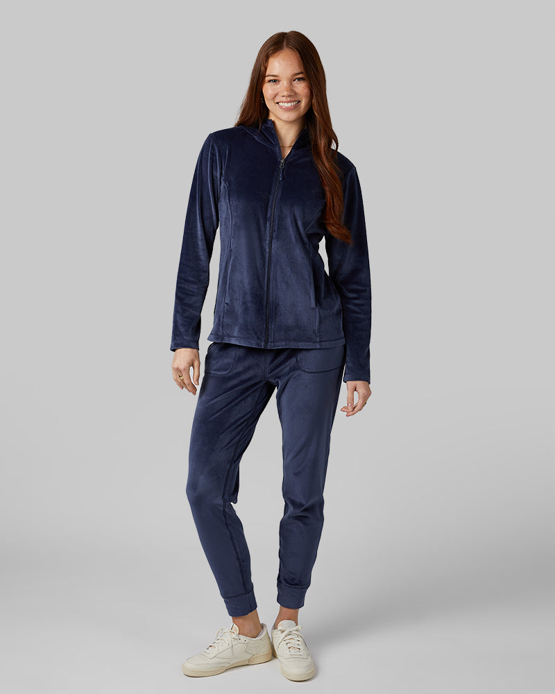 32 Degrees Night Navy _ Women's soft Velour Hooded Full-Zip {model: Izzy is 5'9"and size 4 wearing size S}{bottom}{right} {bottom}{right}