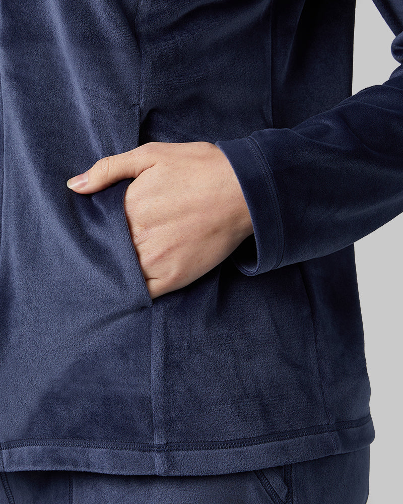 32 Degrees Night Navy _ Women's soft Velour Hooded Full-Zip {model: Izzy is 5'9"and size 4 wearing size S}{bottom}{right} {bottom}{right}