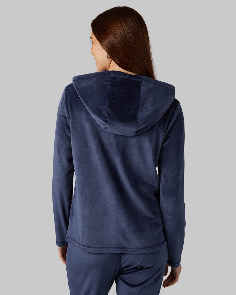 32 Degrees Night Navy _ Women's soft Velour Hooded Full-Zip {model: Izzy is 5'9"and size 4 wearing size S}{bottom}{right} {bottom}{right}