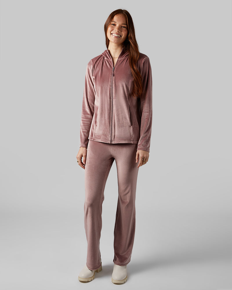 32 Degrees Saddle _ Women's soft Velour Hooded Full-Zip {model: Izzy is 5'9"and size 4 wearing size S}{bottom}{right} {bottom}{right}
