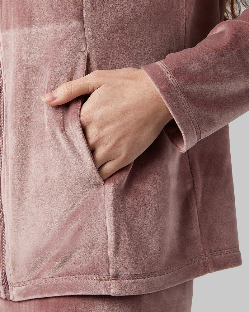 32 Degrees Saddle _ Women's soft Velour Hooded Full-Zip {model: Izzy is 5'9"and size 4 wearing size S}{bottom}{right} {bottom}{right}