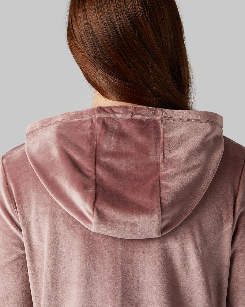 32 Degrees Saddle _ Women's soft Velour Hooded Full-Zip {model: Izzy is 5'9"and size 4 wearing size S}{bottom}{right} {bottom}{right}