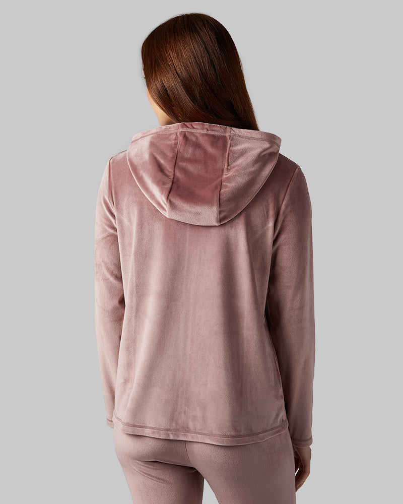 32 Degrees Saddle _ Women's soft Velour Hooded Full-Zip {model: Izzy is 5'9"and size 4 wearing size S}{bottom}{right} {bottom}{right}