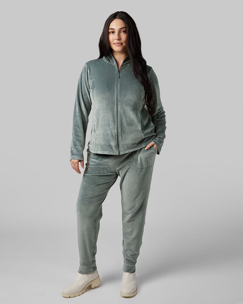 32 Degrees Space Green Grey _ Women's soft Velour Hooded Full-Zip {model: Kristen is 5'7"and size 14 wearing size L}{bottom}{right} {bottom}{right}