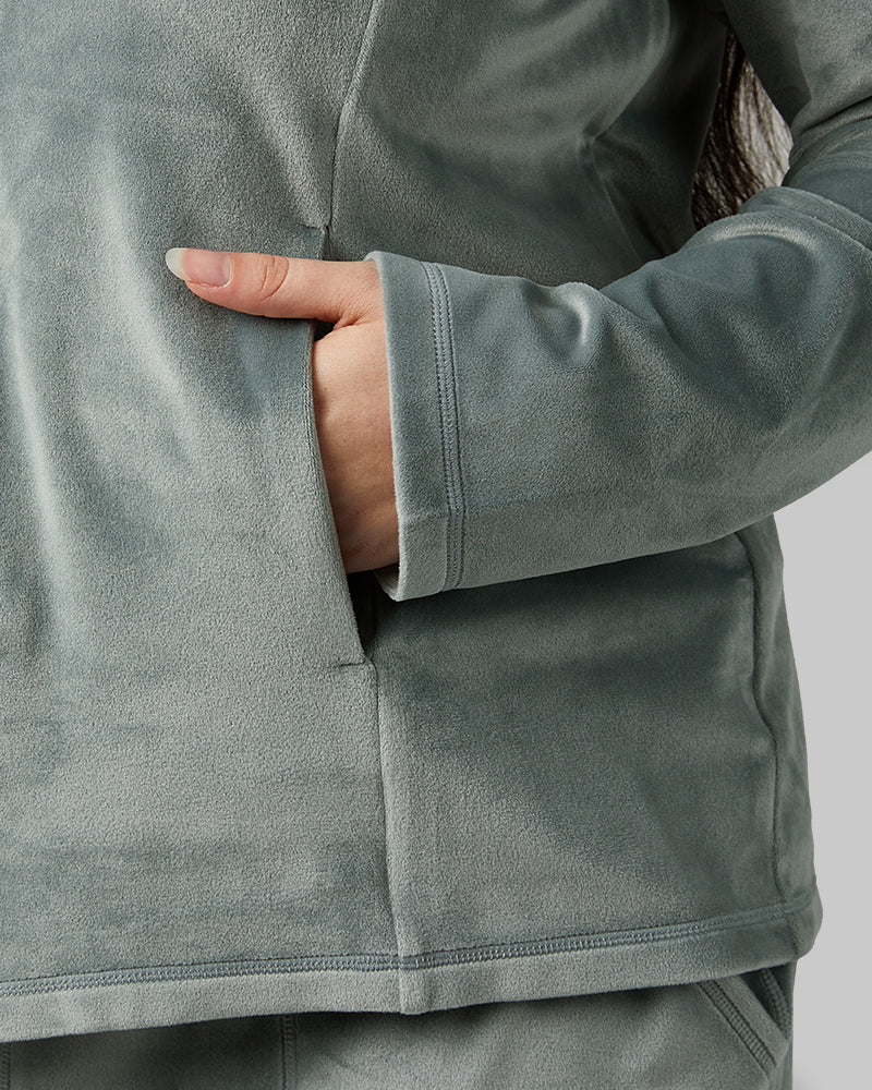 32 Degrees Space Green Grey _ Women's soft Velour Hooded Full-Zip {model: Kristen is 5'7"and size 14 wearing size L}{bottom}{right} {bottom}{right}