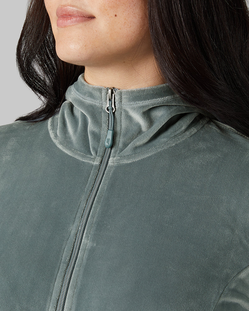 32 Degrees Space Green Grey _ Women's soft Velour Hooded Full-Zip {model: Kristen is 5'7"and size 14 wearing size L}{bottom}{right} {bottom}{right}