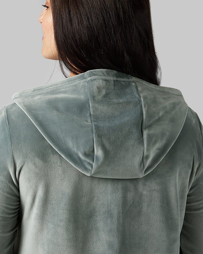 32 Degrees Space Green Grey _ Women's soft Velour Hooded Full-Zip {model: Kristen is 5'7"and size 14 wearing size L}{bottom}{right} {bottom}{right}