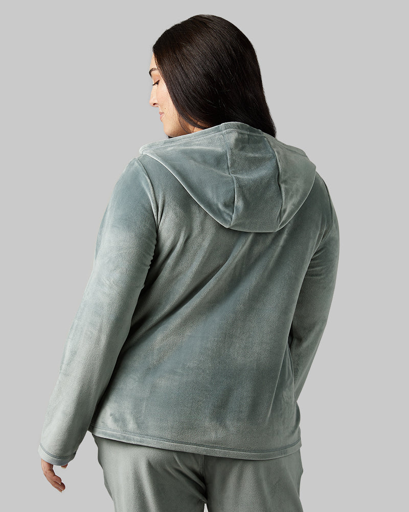32 Degrees Space Green Grey _ Women's soft Velour Hooded Full-Zip {model: Kristen is 5'7"and size 14 wearing size L}{bottom}{right} {bottom}{right}