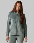32 Degrees Space Green Grey _ Women's soft Velour Hooded Full-Zip {model: Izzy is 5'9"and size 4 wearing size S}{bottom}{right} {bottom}{right}