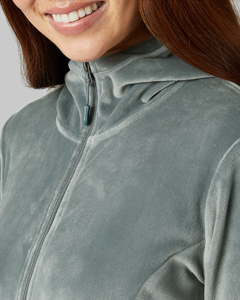 32 Degrees Space Green Grey _ Women's soft Velour Hooded Full-Zip {model: Izzy is 5'9"and size 4 wearing size S}{bottom}{right} {bottom}{right}