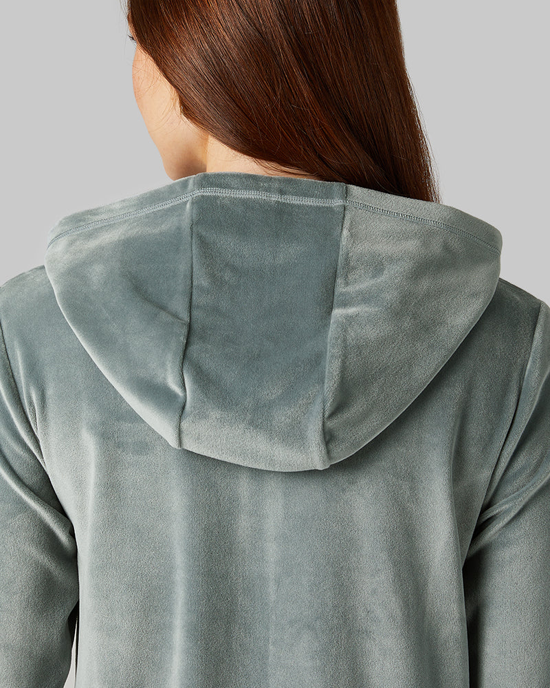 32 Degrees Space Green Grey _ Women's soft Velour Hooded Full-Zip {model: Izzy is 5'9"and size 4 wearing size S}{bottom}{right} {bottom}{right}
