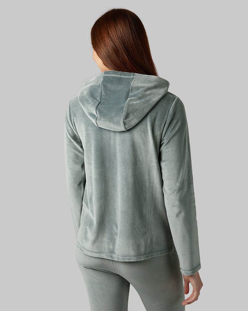 32 Degrees Space Green Grey _ Women's soft Velour Hooded Full-Zip {model: Izzy is 5'9"and size 4 wearing size S}{bottom}{right} {bottom}{right}