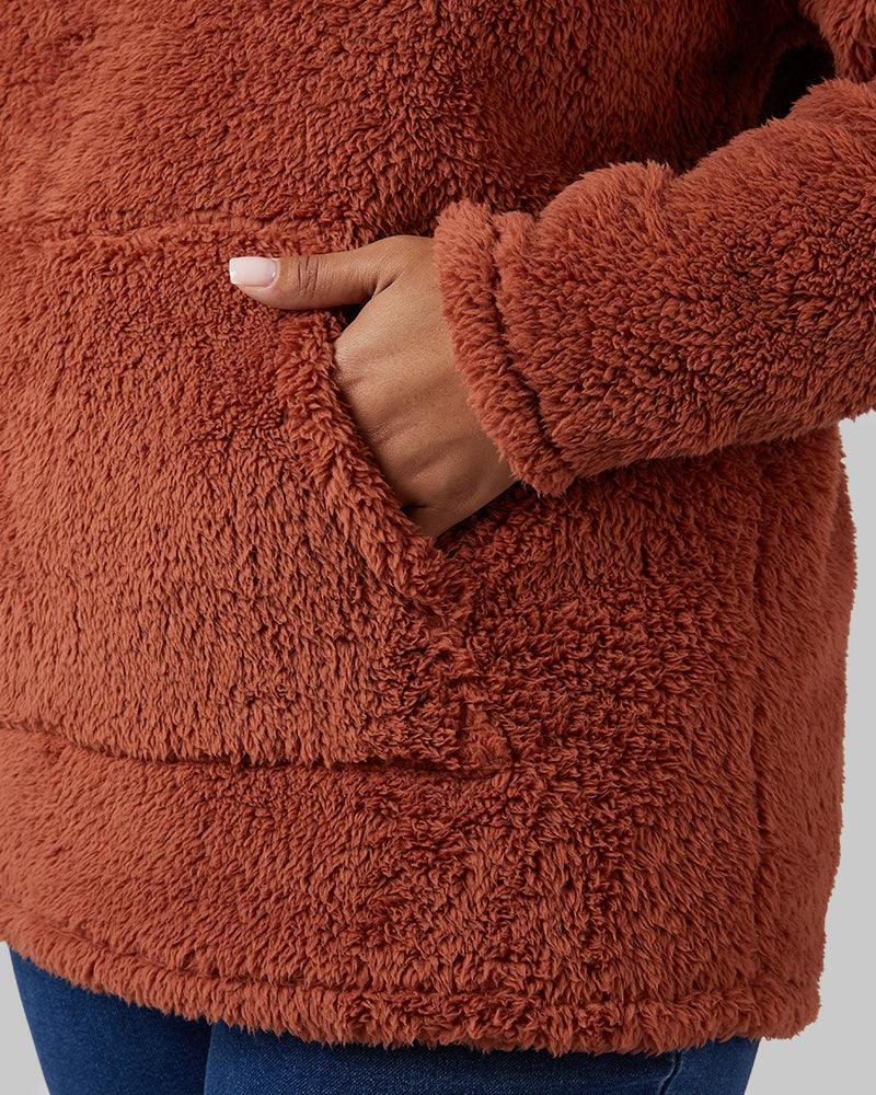 32 Degrees Maple Syrup _ Women's soft sherpa Pullover Hoodie {model: Jeharna is 5'9and size 14 wearing size L}{bottom}{right} {bottom}{right}