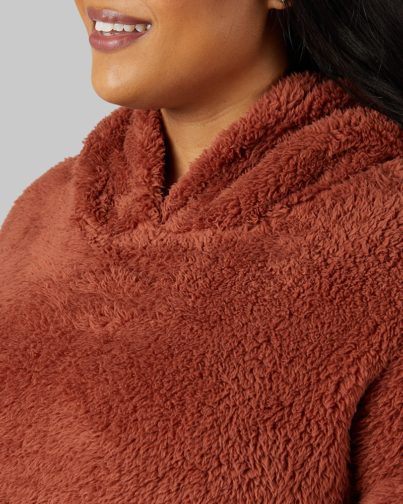 32 Degrees Maple Syrup _ Women's soft sherpa Pullover Hoodie {model: Jeharna is 5'9and size 14 wearing size L}{bottom}{right} {bottom}{right}