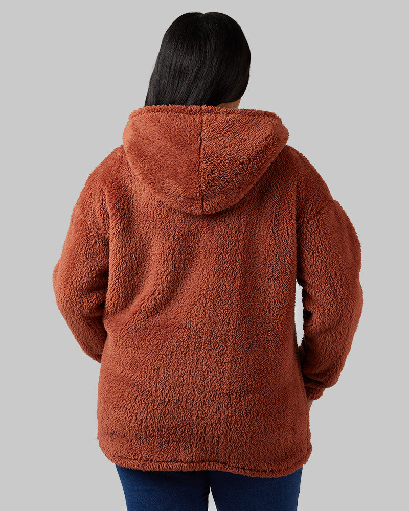 32 Degrees Maple Syrup _ Women's soft sherpa Pullover Hoodie {model: Jeharna is 5'9and size 14 wearing size L}{bottom}{right} {bottom}{right}