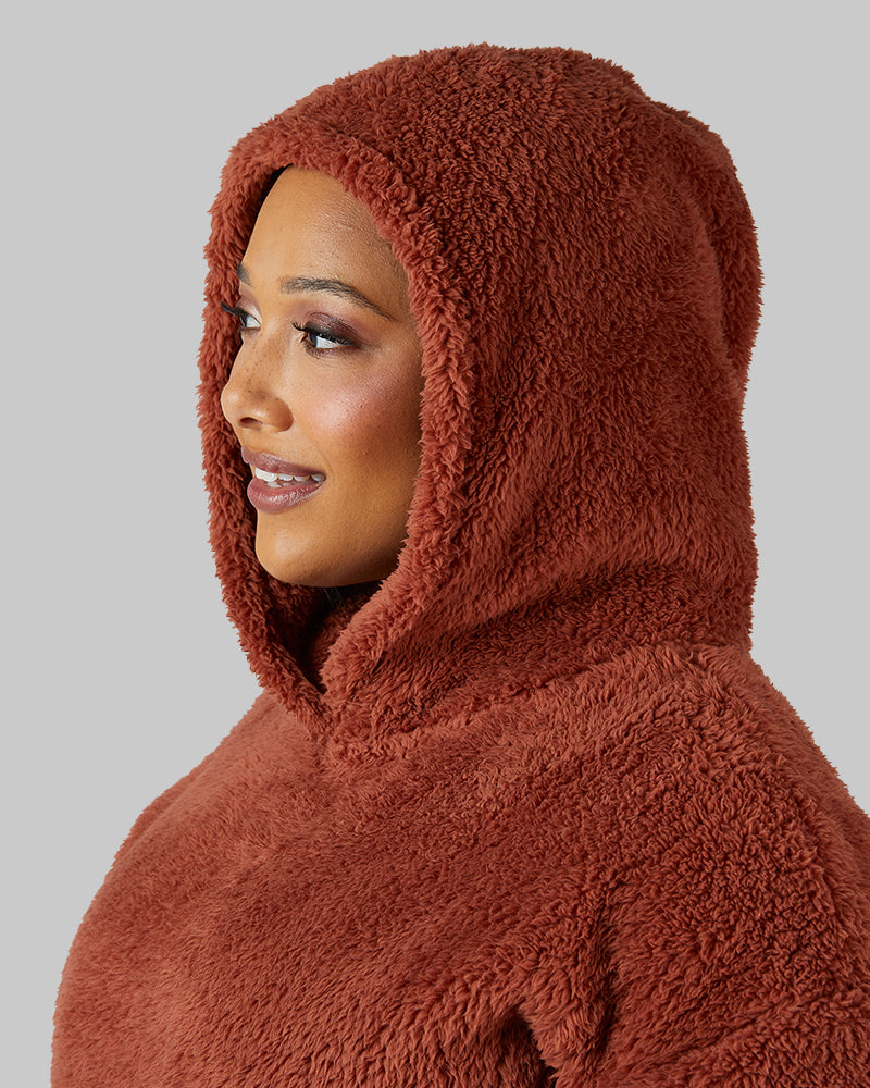 32 Degrees Maple Syrup _ Women's soft sherpa Pullover Hoodie {model: Jeharna is 5'9and size 14 wearing size L}{bottom}{right} {bottom}{right}