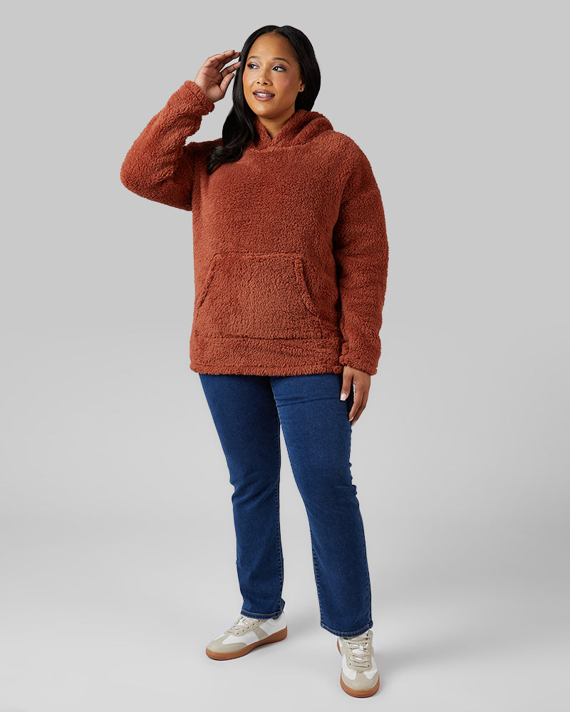 32 Degrees Maple Syrup _ Women's soft sherpa Pullover Hoodie {model: Jeharna is 5'9and size 14 wearing size L}{bottom}{right} {bottom}{right}