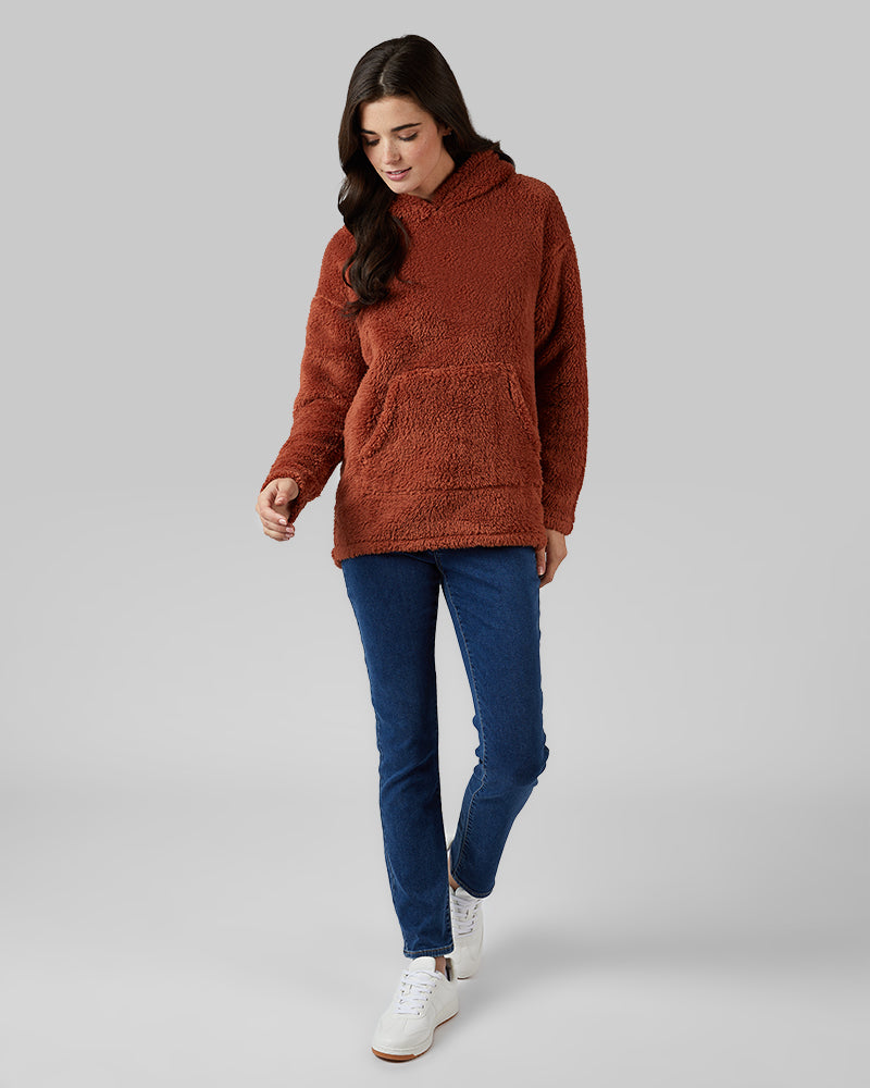 32 Degrees Maple Syrup _ Women's soft sherpa Pullover Hoodie {model: Katie is 5'10"and size 4 wearing size S}{bottom}{right} {bottom}{right}