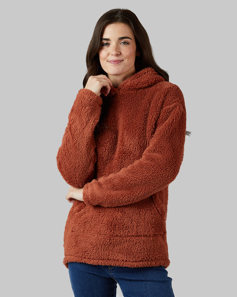 32 Degrees Maple Syrup _ Women's soft sherpa Pullover Hoodie {model: Katie is 5'10"and size 4 wearing size S}{bottom}{right} {bottom}{right}