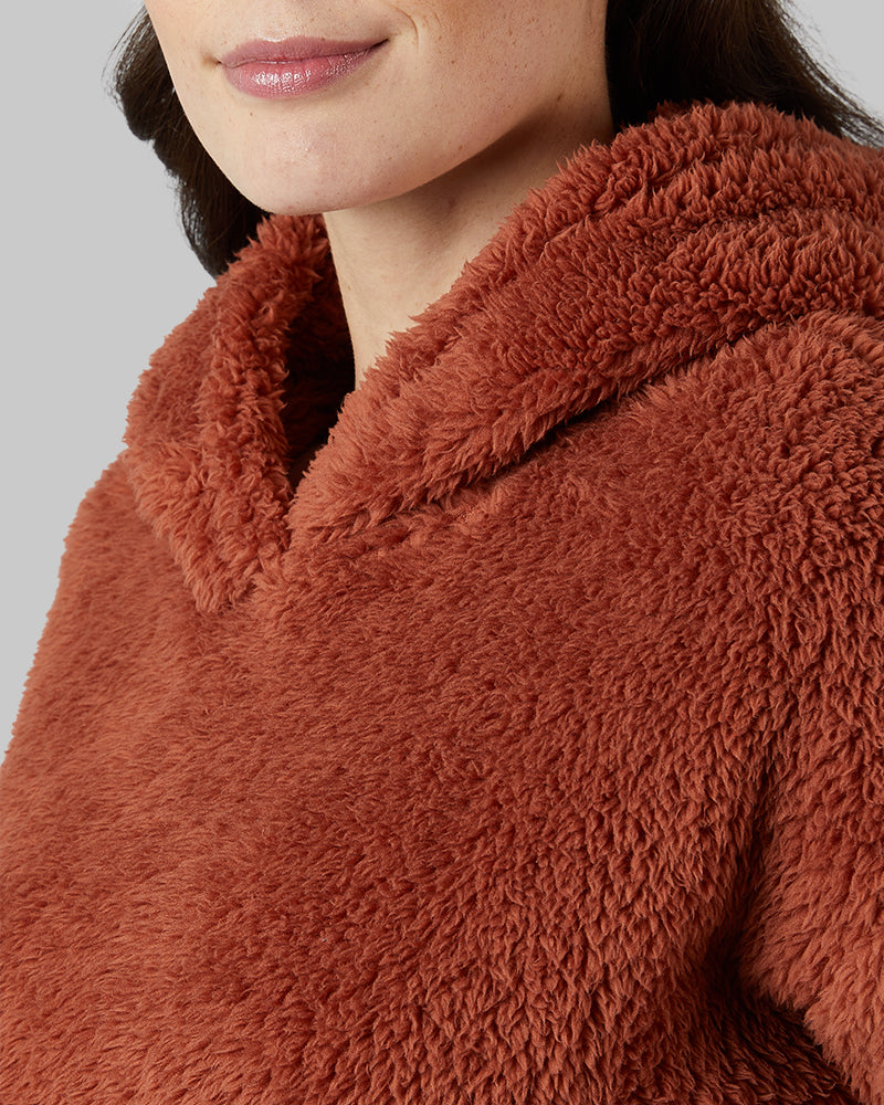 32 Degrees Maple Syrup _ Women's soft sherpa Pullover Hoodie {model: Katie is 5'10"and size 4 wearing size S}{bottom}{right} {bottom}{right}